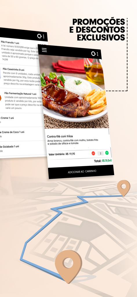 Panificadora Ceci - Aplicativo móvel Panificadora Ceci mostrando itens de menu de comida como bife e pão, juntamente com um mapa de rota de entrega.