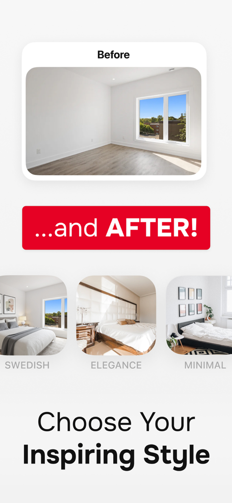 AI Interior Design Remodel App - Before and after comparison of an empty room redesigned in Swedish Elegance and Minimal styles using AI