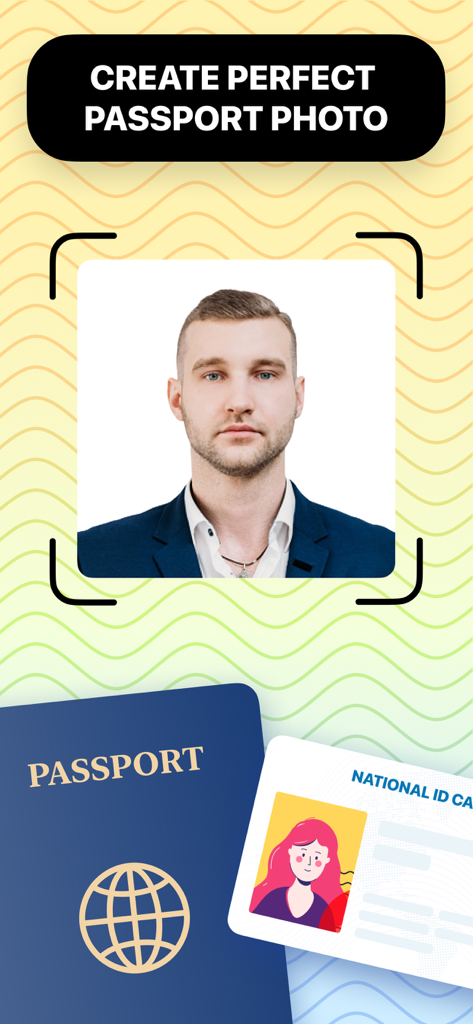 Tela do aplicativo Passport Booth mostrando uma ferramenta de corte de foto de passaporte com um retrato e documentos de viagem