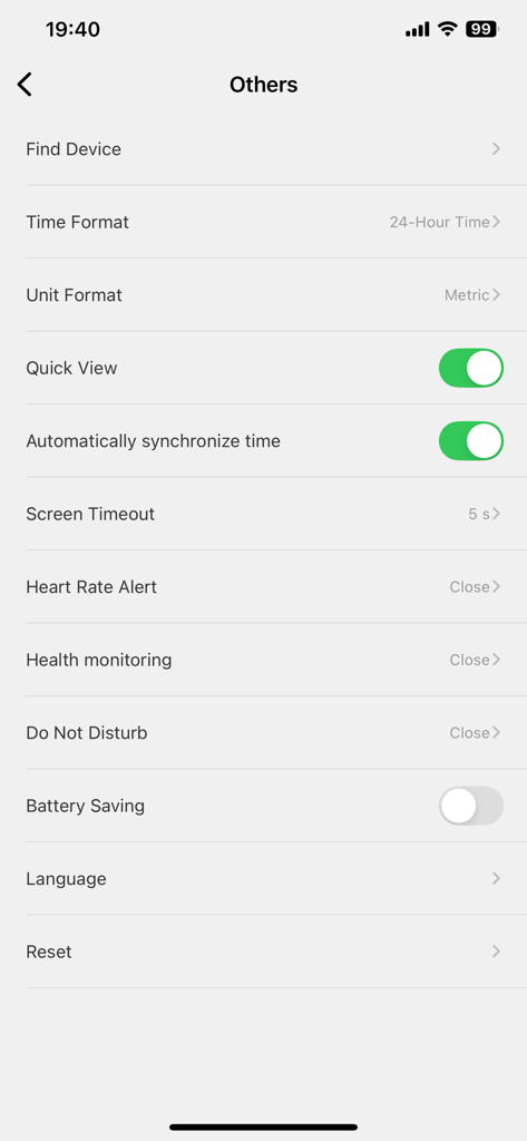 The settings menu in the HanFit app showing device configuration options including health monitoring and time synchronization.