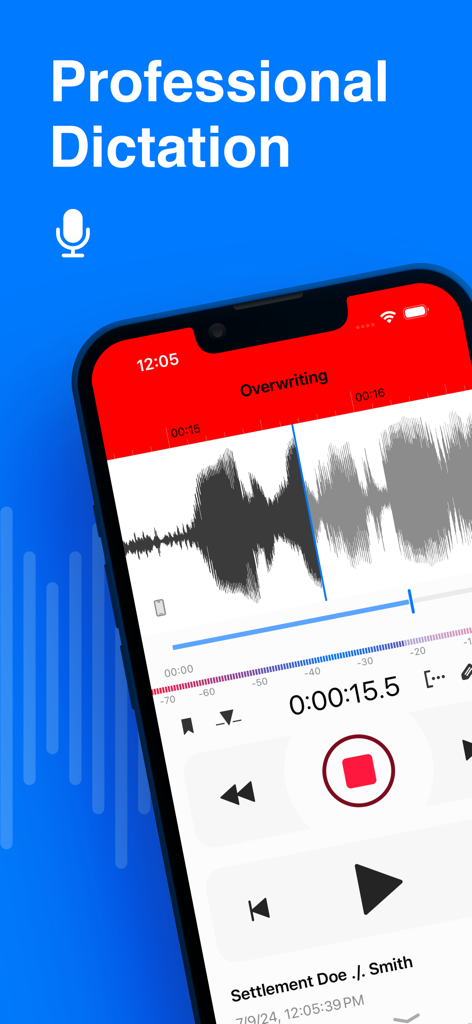 Smartphone screen showing the professional dictation app Dictate Plus with an audio waveform and the overwrite editing feature.
