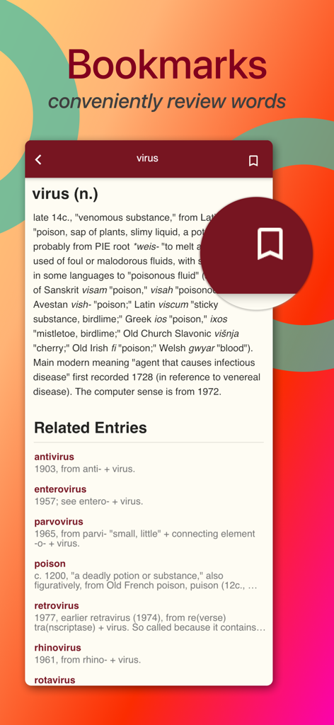 Tela de favoritos do Dicionário Etymonline de Inglês mostrando etimologia de palavras e entradas relacionadas