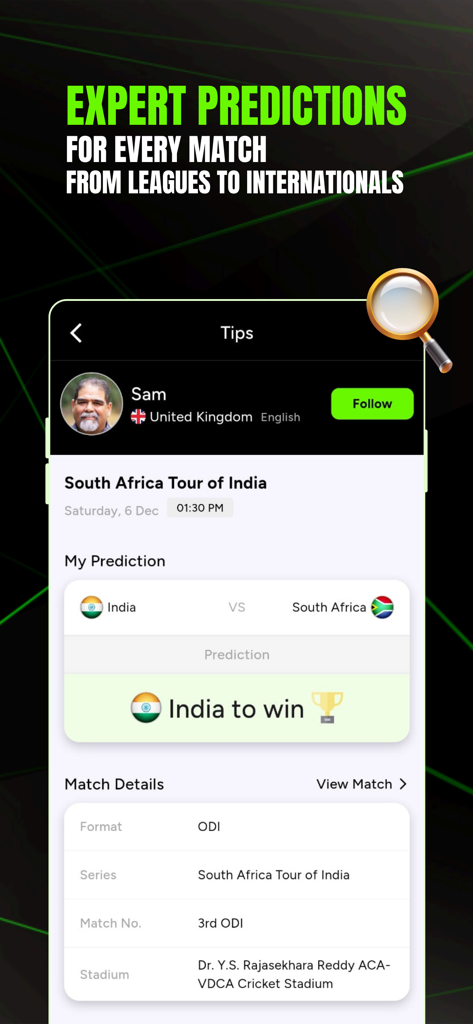 AllCric – Cricket Score App - AllCric app interface displaying expert cricket match predictions for India versus South Africa