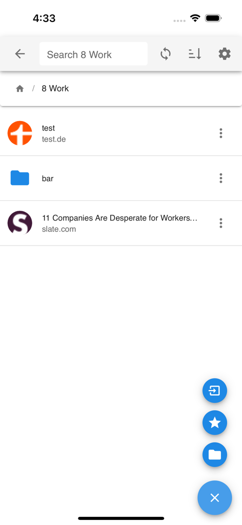 floccus - La interfaz de la aplicación móvil Floccus Companion mostrando una lista de marcadores y carpetas sincronizados con opciones de búsqueda y organización.