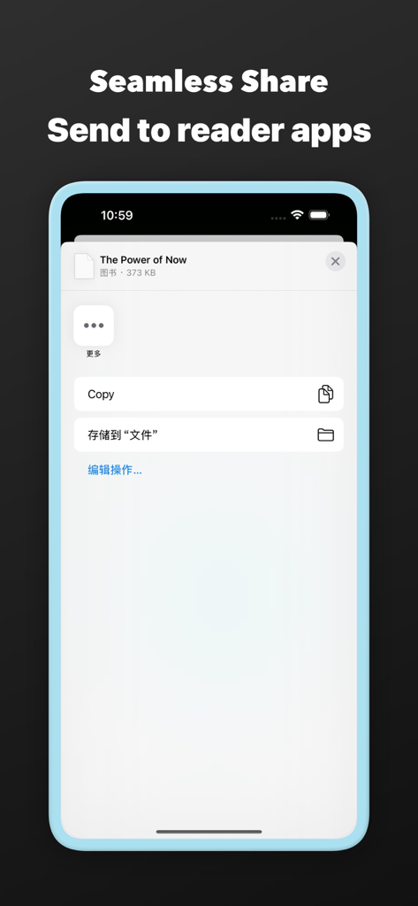 EPUB Cover Maker: Book Design - An iPhone screen displaying the share sheet for an EPUB file to export it to other reading apps.