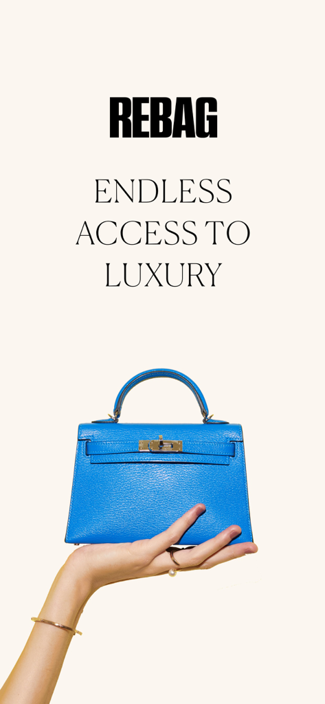 A hand holding a bright blue designer handbag with the Rebag logo and text reading Endless Access to Luxury.