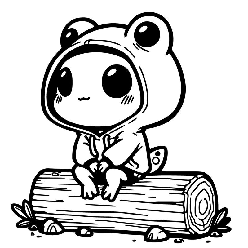 frog girl with frog hoodie siting on a log