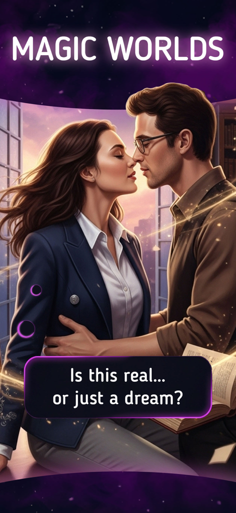 Midnight Stories: Choices Game - A man and woman in a romantic embrace within a magical world in the Midnight Stories game