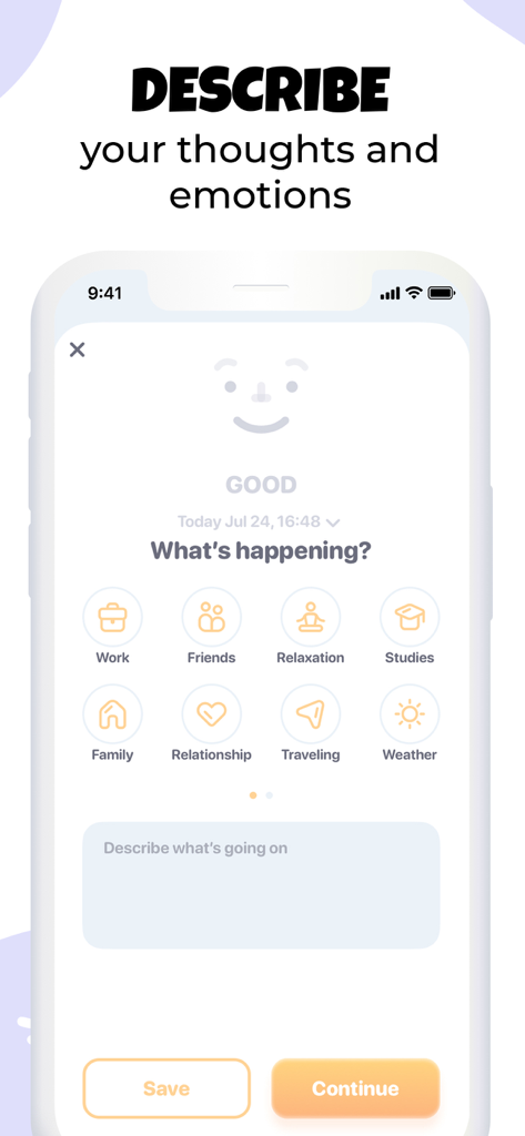Moodnotes - Mood Tracker - Moodnotes app interface for recording thoughts and emotions with activity categories