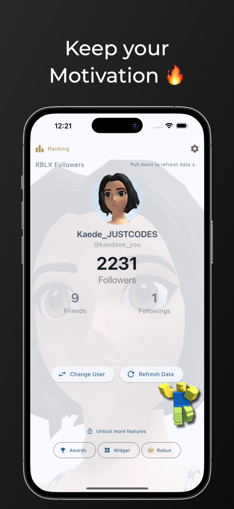 Blox Followers: Home Widget - Captura de pantalla de la aplicación Blox Followers que muestra un perfil de usuario con recuento de seguidores y métricas de redes sociales.