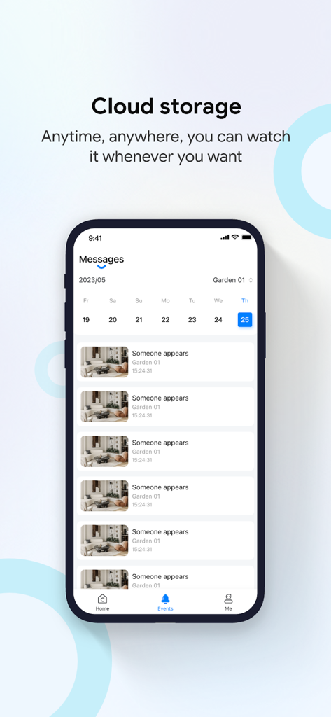 Cam720 mobile app interface displaying cloud storage video event history