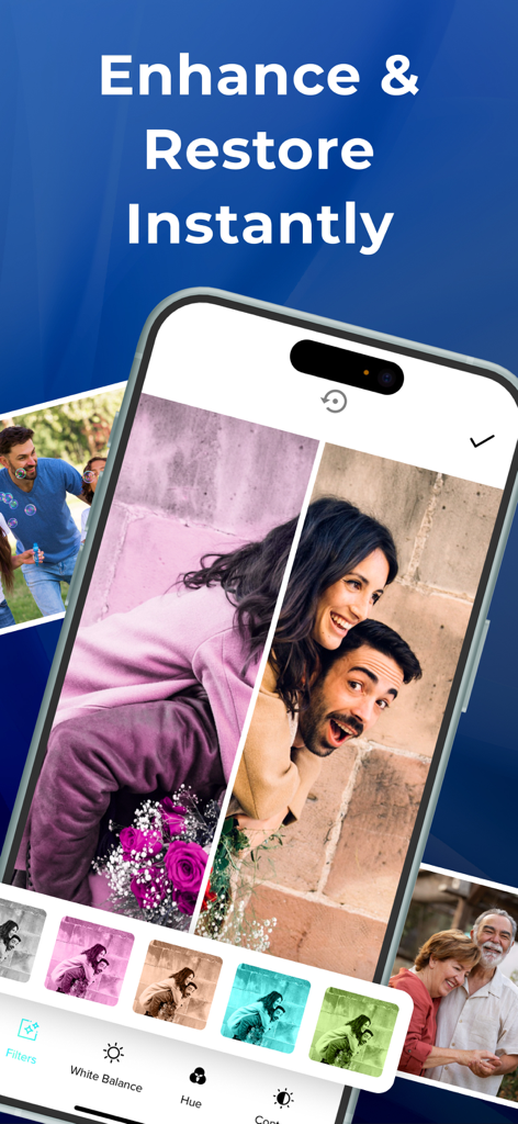 Photo Scanner . - Smartphone displaying a photo scanning app interface with a before and after restoration comparison of an old photo