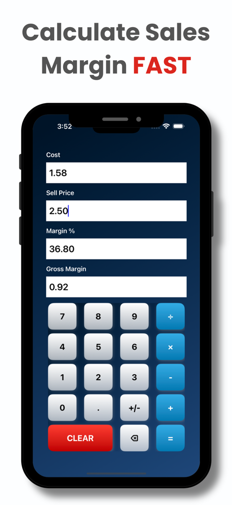 Retail Margin - Retail Margin app interface showing real time sales margin and profit calculation on an iPhone with a custom numeric keypad