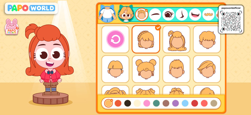 Papo Town: World - Character customization interface in Papo Town World showing various hairstyles and facial features