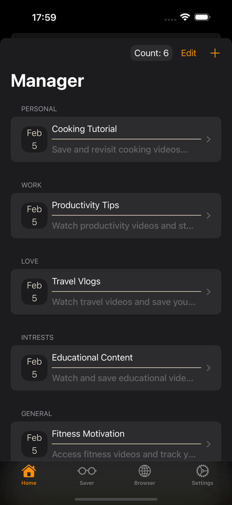 Un panel de aplicación móvil titulado Gestor que muestra listas categorizadas de Trabajo Personal Amor e Intereses que contienen ideas web y tutoriales guardados