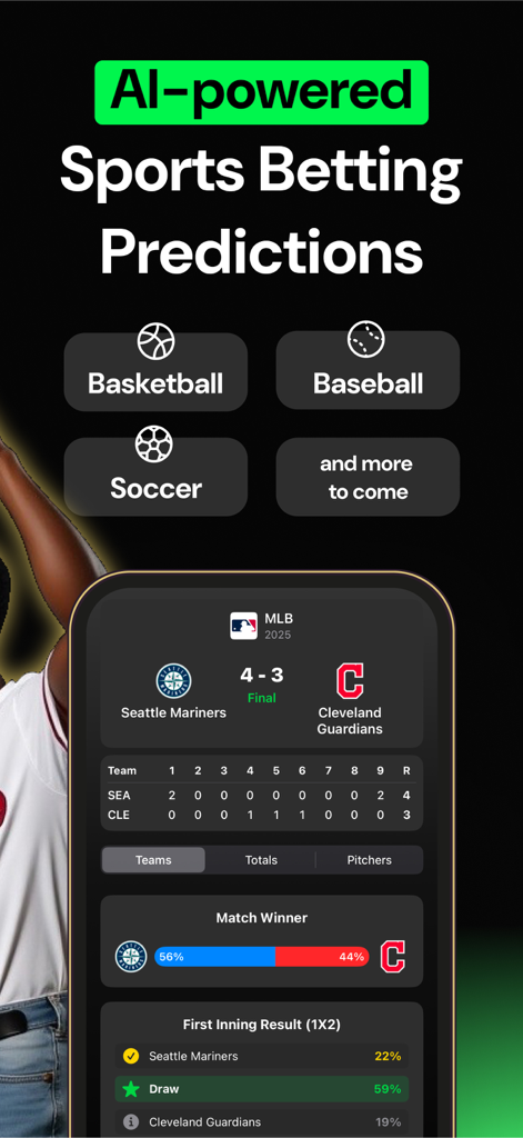 WinAI: AI Sports Betting Tips - Predicciones de apuestas deportivas impulsadas por IA para béisbol, baloncesto y fútbol en la aplicación WinAI
