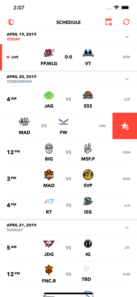 LoL Esports Schedule - 팀 대결, 시간, 리그를 보여주는 League of Legends e스포츠 경기 일정의 연대순 목록