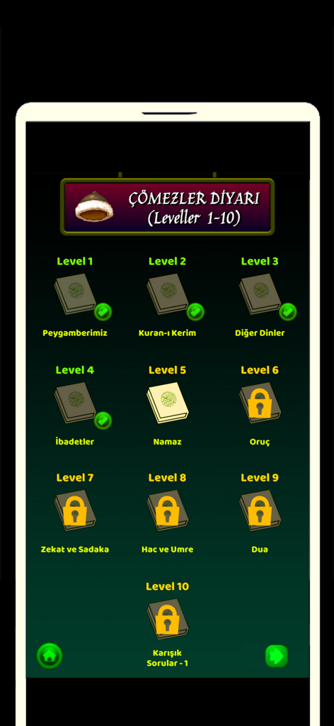 Schermata di selezione del livello in un gioco di curiosità islamiche che mostra categorie come Corano e Preghiera.