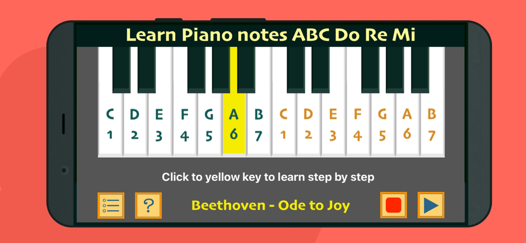 Learn Piano Fast With Numbers - Mobile app interface showing a virtual piano keyboard with numbered and lettered keys for learning Beethoven's Ode to Joy