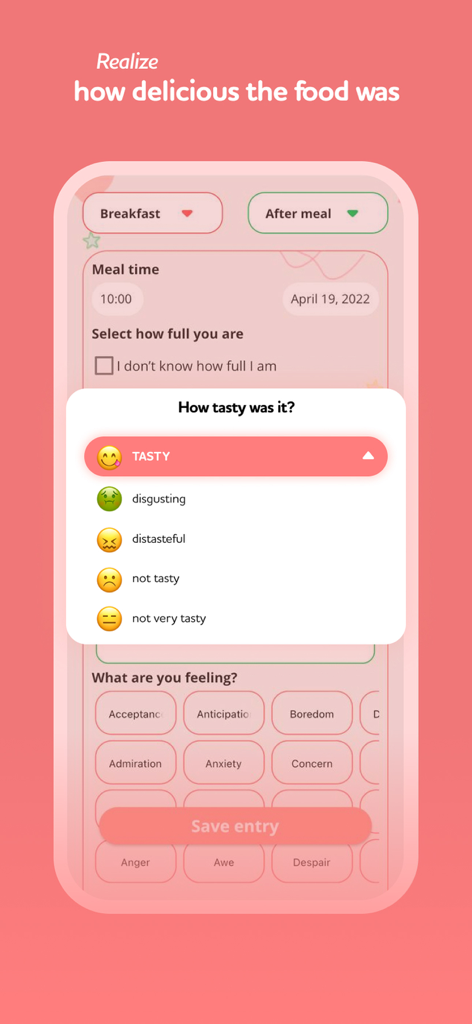 I feel food - mindful eating - Interfaz de la aplicación I feel food que muestra una calificación de satisfacción de la comida y un rastreador de emociones