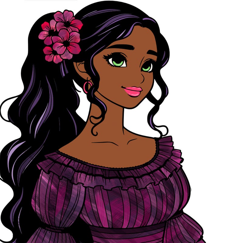 a single latina woman with a side ponytail and a long dress with ruffles. she has a few discreet flowers in her hair. realistic