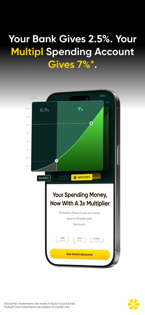 Multipl: Spending Account - Smartphone displaying the Multipl app comparison graph showing a seven percent yield versus a two point five percent bank yield