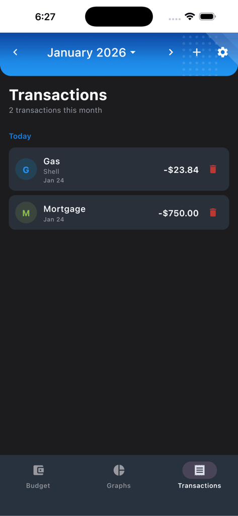 Simple Offline Budget - Bildschirm einer mobilen App, der eine Liste von Finanztransaktionen anzeigt, einschließlich Gas- und Hypothekenausgaben für Januar 2026.