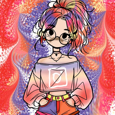 girl with a messy ponytail glasses a baggy crop top and jean shorts