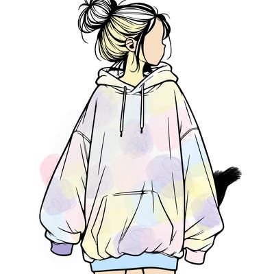 realistic girl with a oversized sweatshirt on and a bun