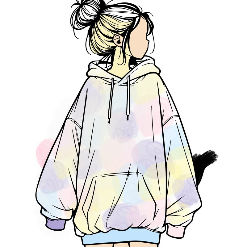 realistic girl with a oversized sweatshirt on and a bun