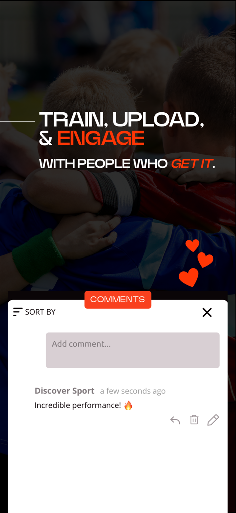 Discover Sport - Interface of the Discover Sport app showing a comments section and athlete community engagement.
