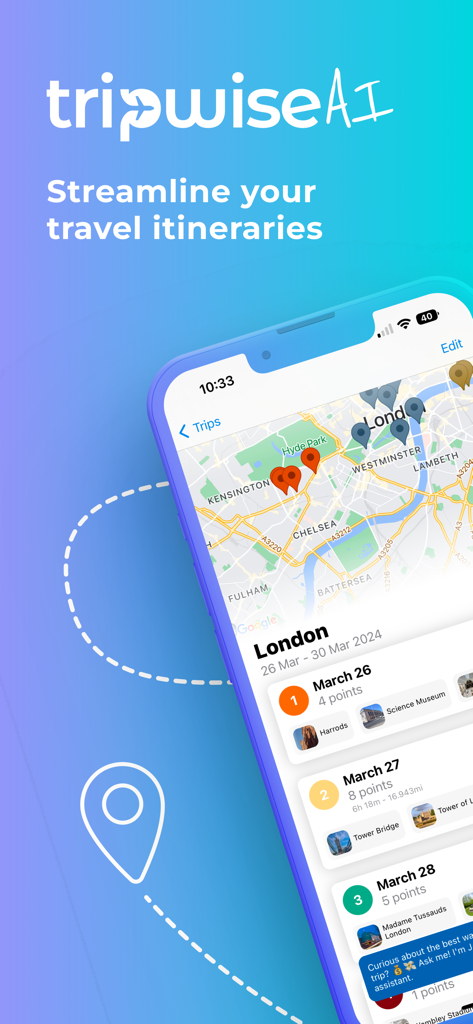 TripWise AI Travel Planner - TripWise AI mobile app interface showing a curated travel itinerary and map for London
