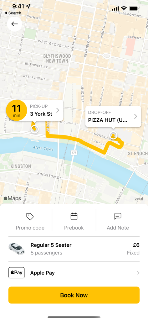 Glasgow Taxis. - Glasgow Taxis app booking screen showing a map with a route from York Street to Pizza Hut and a fixed price estimate