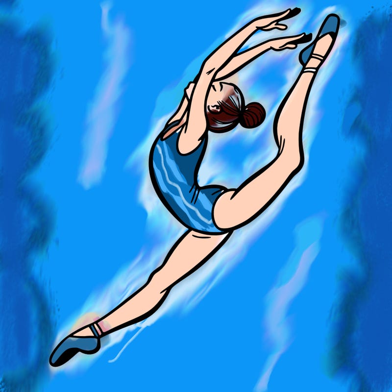 gymnast doing a leap in a leotard with a bent back leg