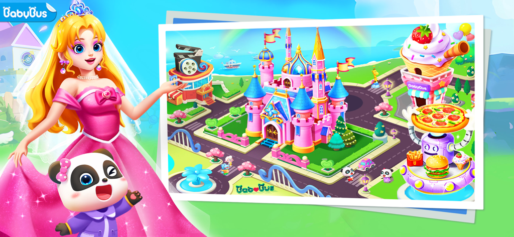 Baby Panda and a princess character in front of a colorful cartoon city featuring a pink castle and food shops