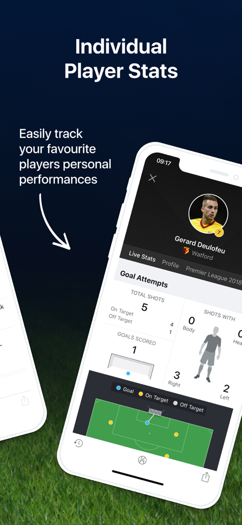 EPL Live: Football Scores - 골 시도와 시각적 샷 맵을 특징으로 하는 개별 축구 선수 통계 화면입니다.