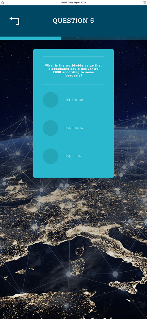 Interactive question screen in the WTO app asking about blockchain technology forecasts in the World Trade Report 2019