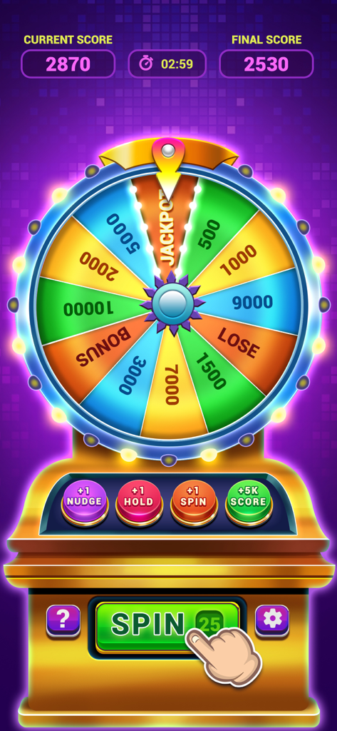 Spin Wheel: Win Real Money - Gameplay screen of the Spin Wheel Win Real Money app featuring a colorful prize wheel and power up buttons