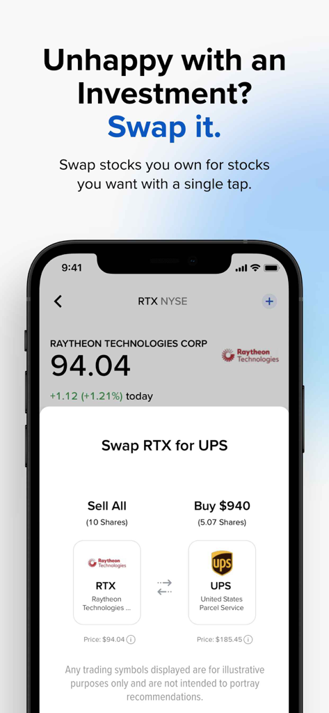 IBKR GlobalTrader - IBKR GlobalTrader app interface showing the stock swap feature to exchange shares of one company for another
