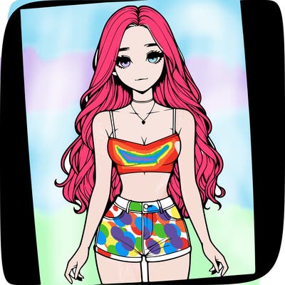 a realistic girl with long hair and in a crop top and shprts