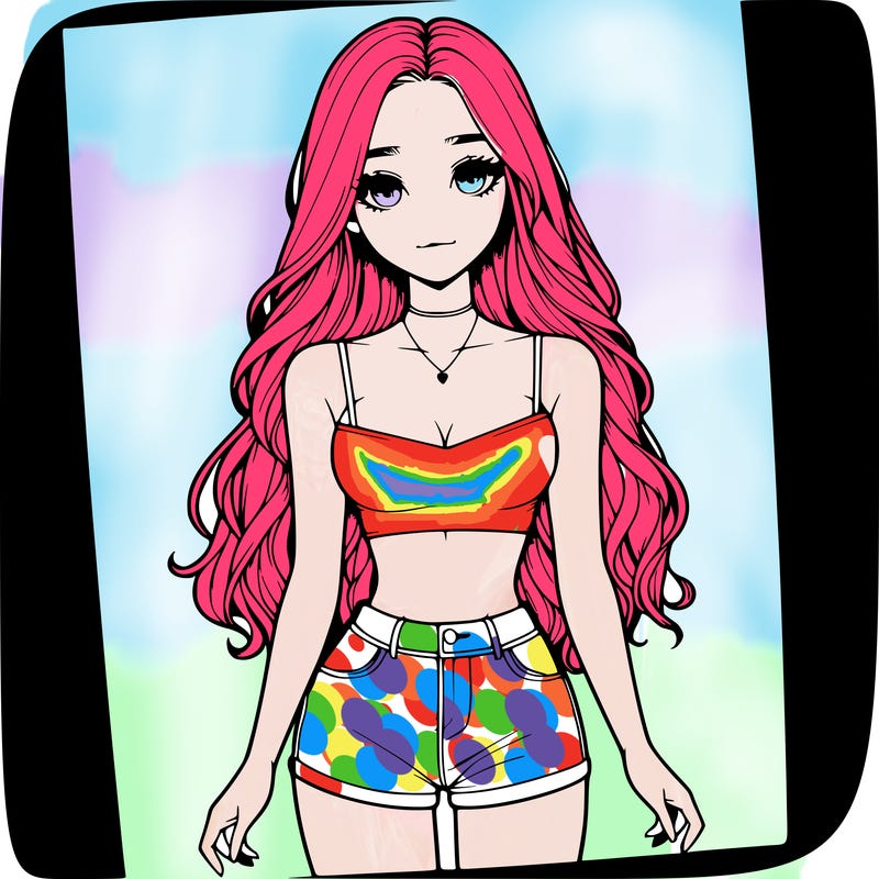 a realistic girl with long hair and in a crop top and shprts