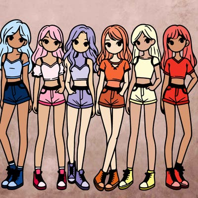 a group of girls wearing crop tops and shorts