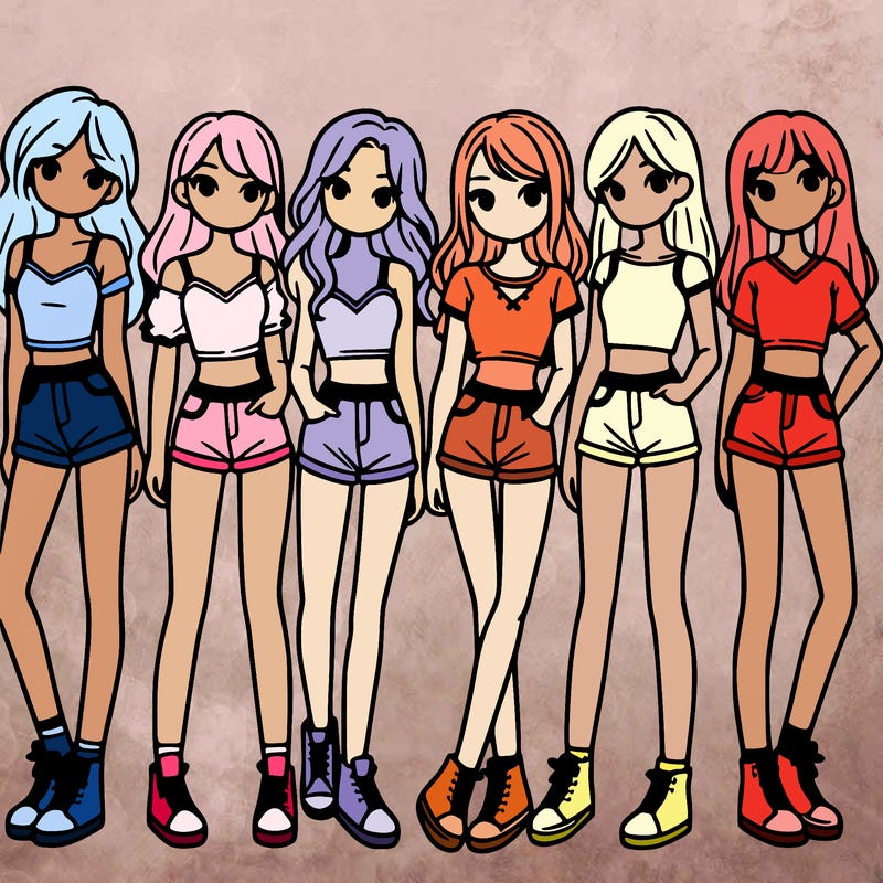 a group of girls wearing crop tops and shorts