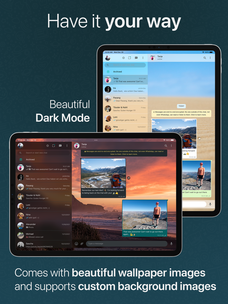 ChatMate for WhatsApp on iPad showing light and dark modes with custom wallpaper backgrounds.