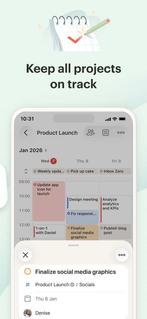 Todoist mobile app calendar view showing scheduled tasks for a product launch project