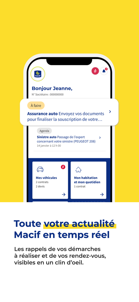 Panel personalizado de la aplicación MACIF que muestra recordatorios de seguros y resumen de contratos