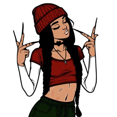 realistic teenage girl with braids and a beanie and crop top doing 🫶🏼