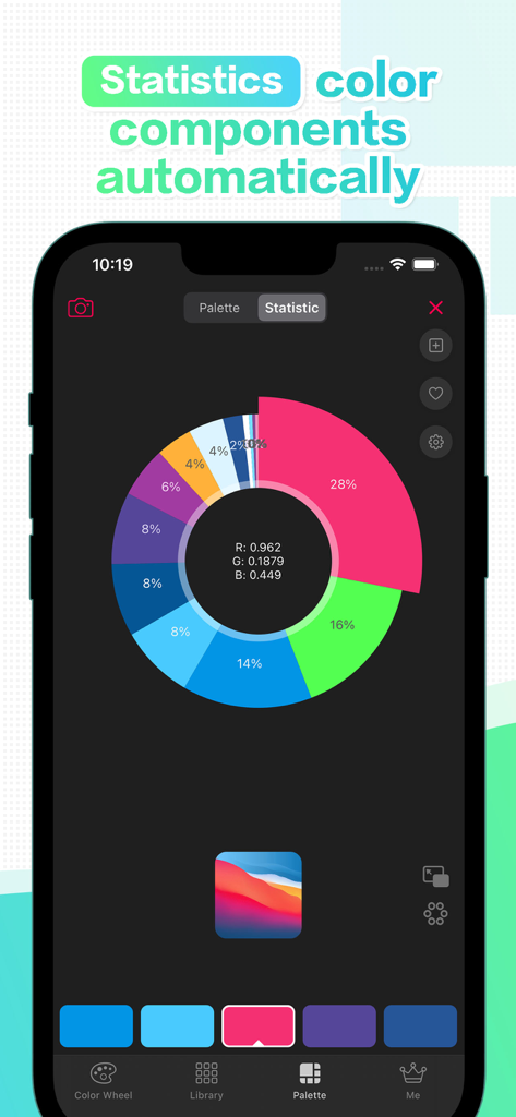 JoyColor: Your color assistant - Un gráfico circular que muestra la distribución porcentual de diferentes colores extraídos de una imagen en la aplicación JoyColor