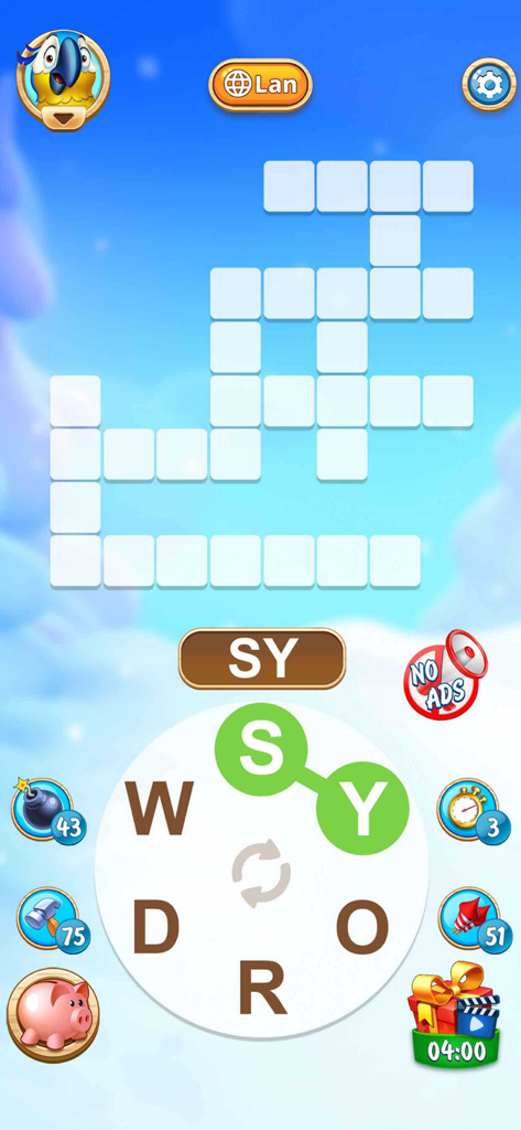 Word Farm Adventure - A word puzzle game interface from Word Farm Adventure showing a crossword grid and a letter wheel to connect letters.