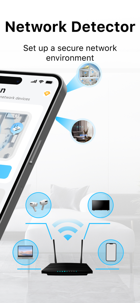Security Camera App - CamScan - Security Camera App CamScan interface showing network detection and connected devices like TV and laptop.